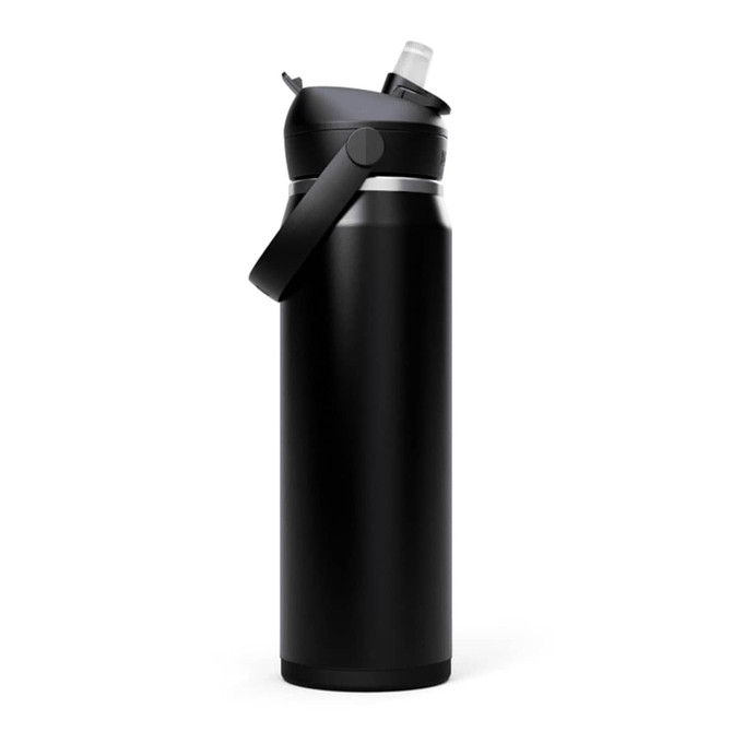 A drink bottle with a sleek black design, featuring a flip straw and a carry handle, with a logo on the side.