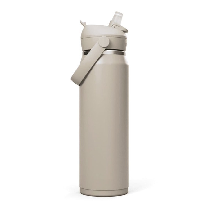 A drink bottle in a light beige colour with a flip straw and a carry handle. It features a sleek, modern design.