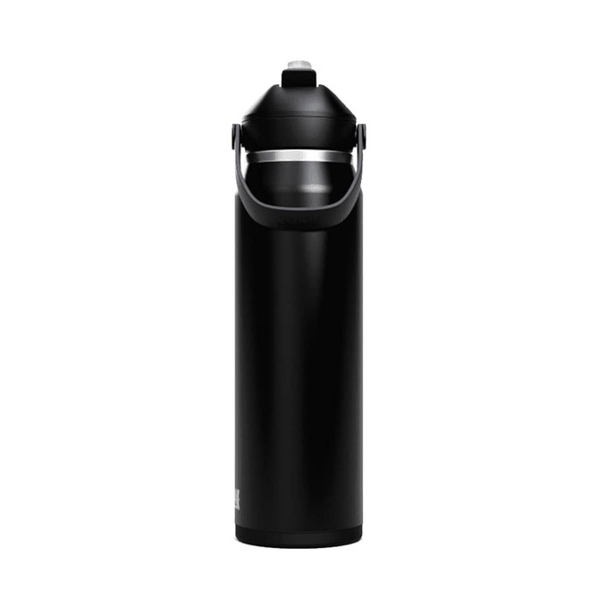 A drink bottle in sleek black with a flip straw lid and a carrying handle. It features a logo on the body.