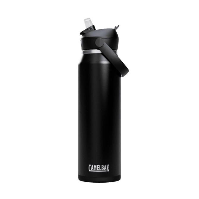 A drink bottle in black with a flip straw cap and a carry handle, featuring a logo on the front.
