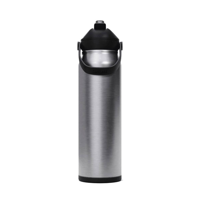 A drink bottle with a shiny silver stainless steel body and a black flip straw lid. It features a built-in handle.