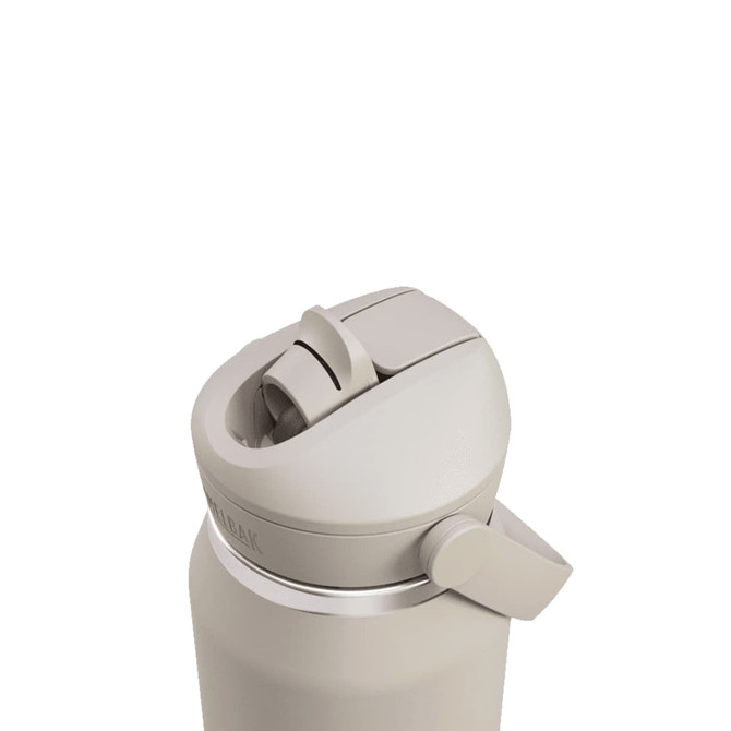 A drink bottle with a flip straw lid, featuring a sleek design in a light colour and incorporating a logo.