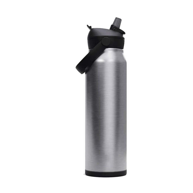 A drink bottle in a sleek, silver metallic finish, featuring a black flip straw lid and a carrying handle.