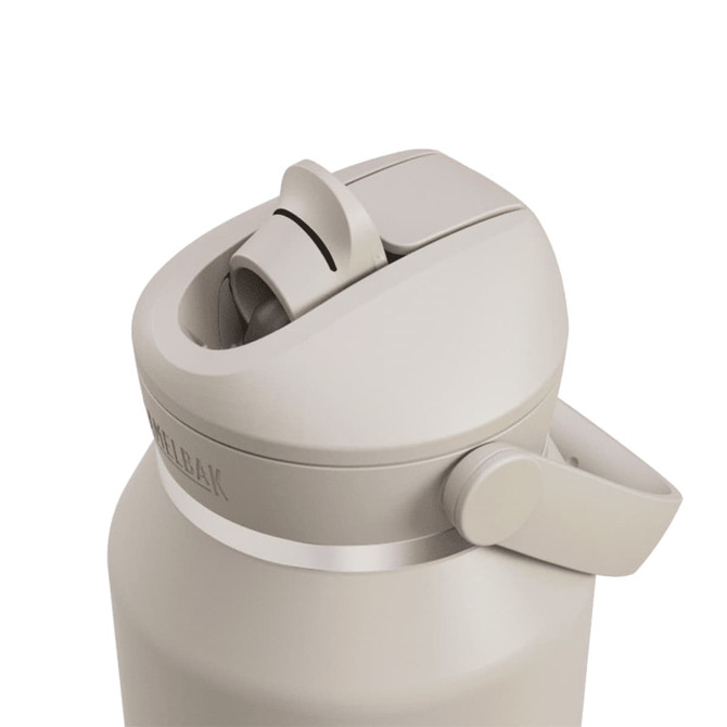 A drink bottle in a light beige colour with a flip straw lid and a side handle. It features a logo on the side.