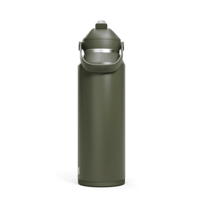 A drink bottle in olive green with a flip straw lid and a carrying handle, featuring a logo.