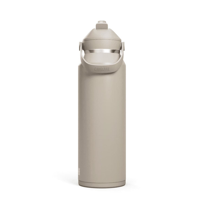 A drink bottle in a light beige colour with a flip straw and a carrying handle, featuring a logo.
