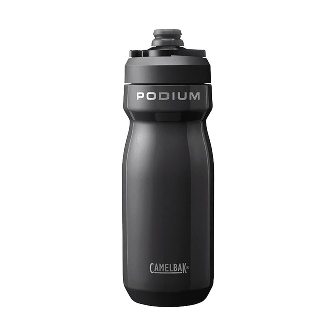 A drink bottle in black with a contoured shape, featuring a branded logo and a push-pull cap.