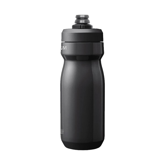 A drink bottle in matte black finished stainless steel with a slim design and cap for easy drinking, featuring a logo.