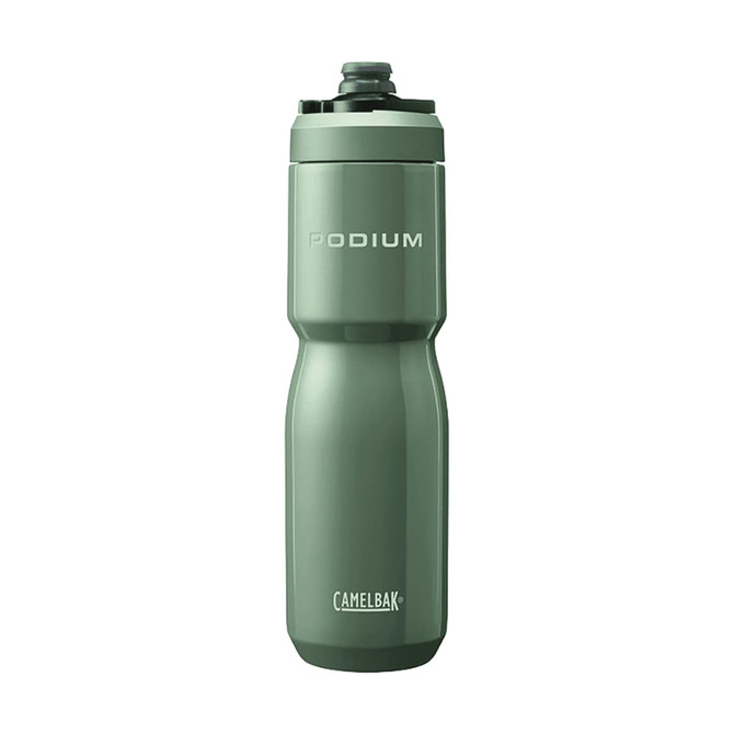 A drink bottle in a muted green colour, featuring a sleek design and a logo. It has a screw-on lid and a spout.