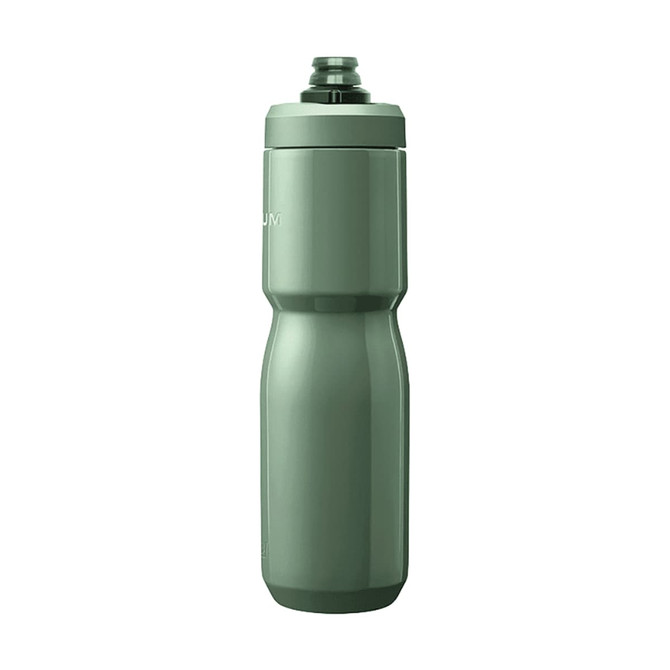 A drink bottle in a muted green colour, featuring an insulated steel design and a branding logo.