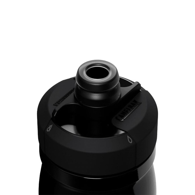 A drink bottle with a black insulated steel design and a sip nozzle, featuring a logo on the lid.