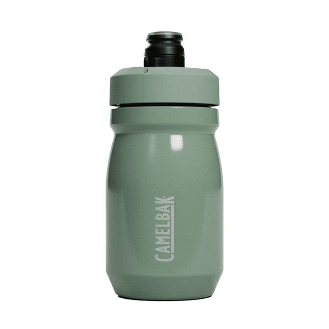A drink bottle in muted green with a branded logo, featuring an insulated design and secure lid.