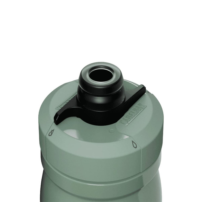 A drink bottle with a grey insulated metal body and a black nozzle cap features a brand logo.
