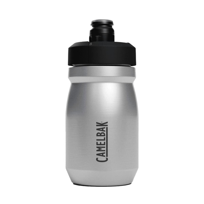 A drink bottle made of stainless steel, featuring a black cap and a CamelBak logo on the side.