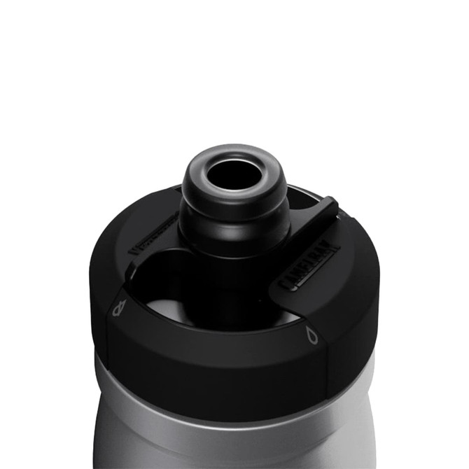 A drink bottle with a silver body and a black, spout lid featuring a logo.