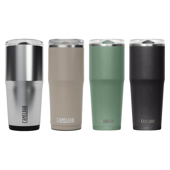 A drink bottle set featuring four tumblers in silver, beige, green, and black, each with a logo.