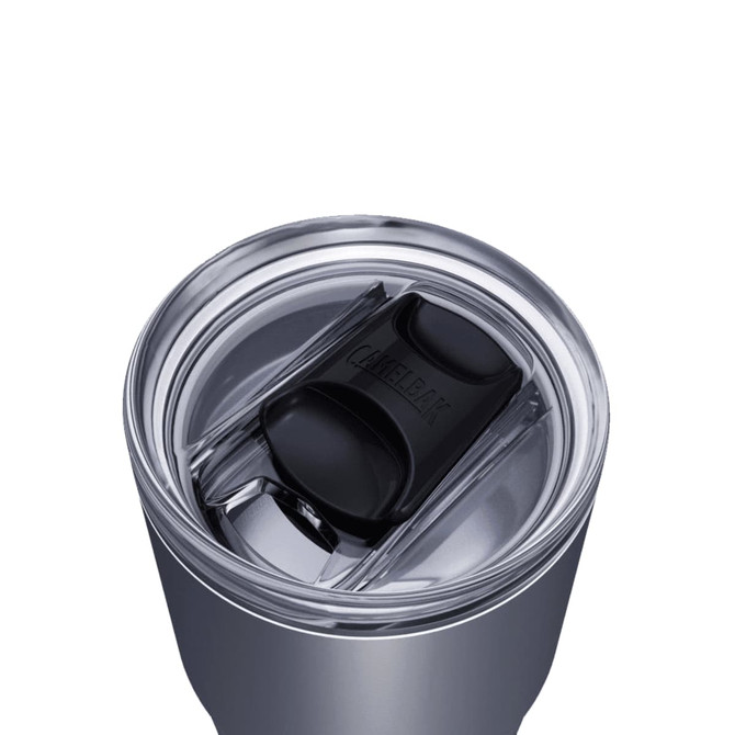 A drink bottle featuring a silver body and a black lid, designed for convenience. It has a logo on the lid.