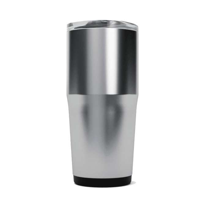 A drink bottle with a silver and black design, featuring a tapered shape and a transparent lid.