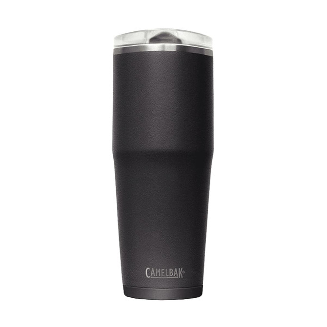 A drink bottle in matte black with a stainless steel lid and a logo on the front.