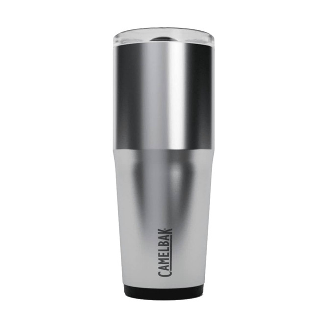 A drink bottle featuring a silver body with a black base, topped with a clear lid and a brand logo.
