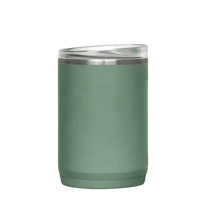 A drink bottle in a muted green colour with a stainless steel lid and a textured exterior. It features a logo.