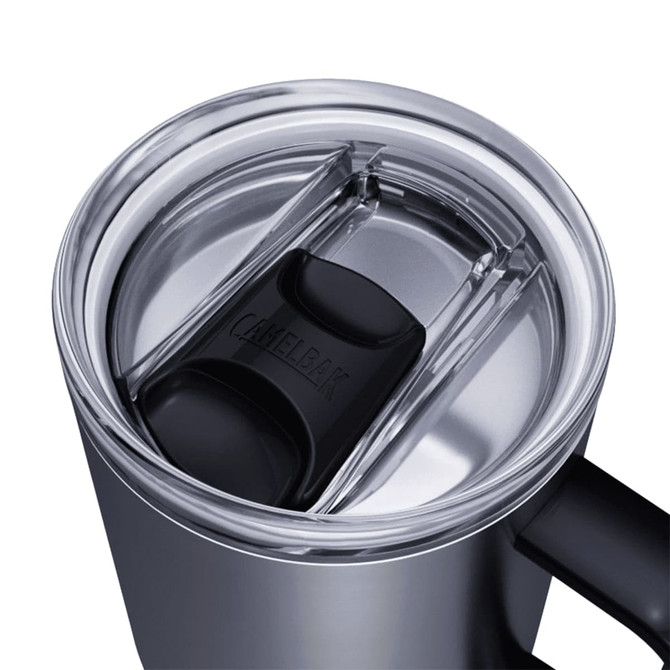A drink bottle with a silver body and a black lid, featuring a sliding closure and a handle. It has a logo on the lid.