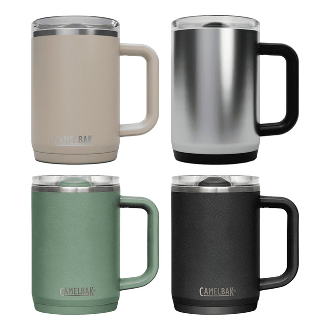 A drink bottle collection featuring a beige, silver, green, and black travel mug, each with a handle and a lid.