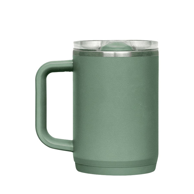 A drink bottle in a muted green colour with a clear lid and a sturdy handle, featuring a logo on the side.