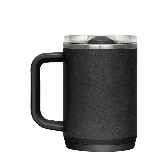 A drink bottle with a black exterior, featuring a handle and a transparent lid. It has a logo on it.