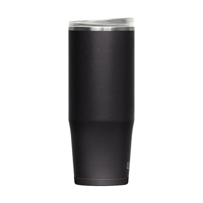 A drink bottle in matte black, featuring a sleek design and a transparent lid, with a logo on the side.