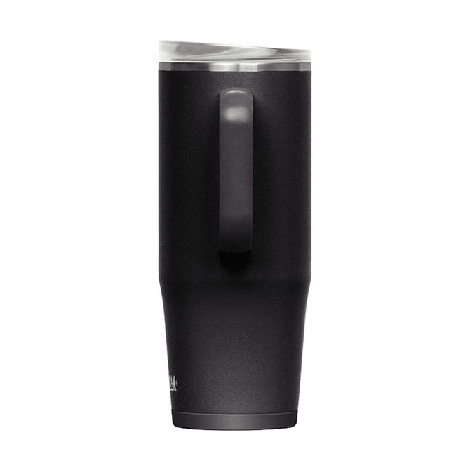 A drink bottle in matte black with a handle and a clear lid, featuring a simple logo.