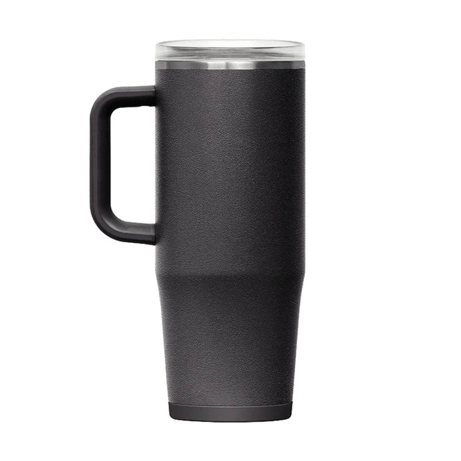 A drink bottle in matte black with a handle and a clear lid, featuring a logo.