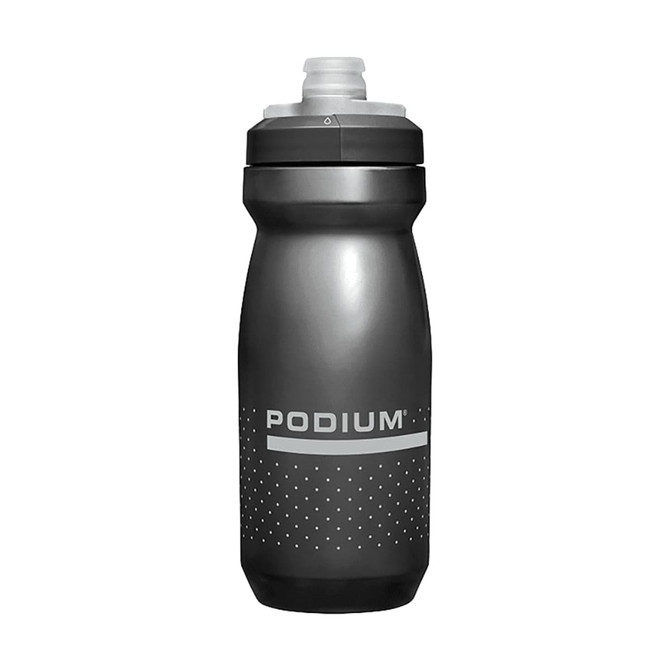 A drink bottle in grey with a sleek design, featuring a logo and a textured grip area.