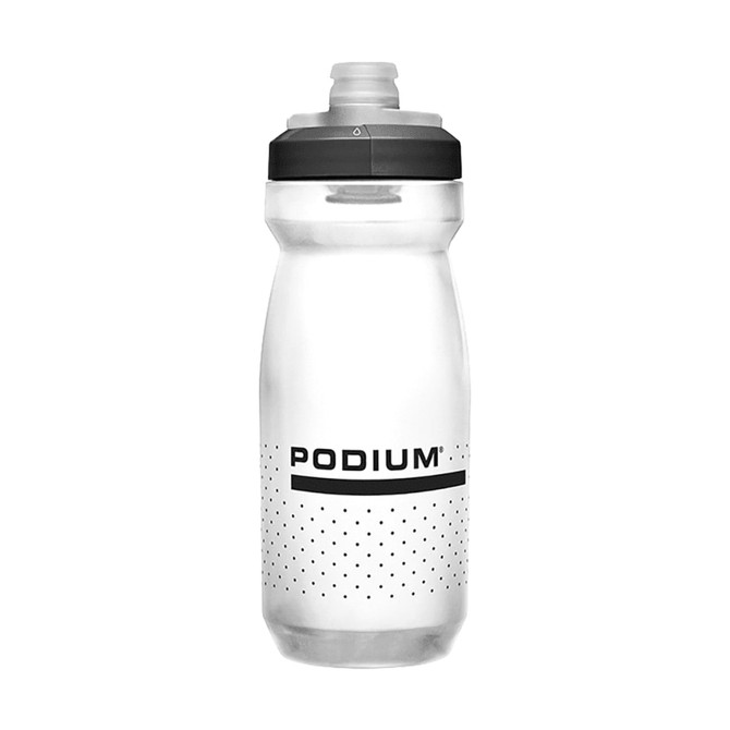 A drink bottle featuring a clear body with a black cap and a black logo, designed for hydration.