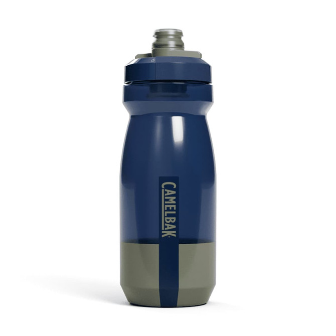 A drink bottle with a navy blue and grey design, featuring a wide mouth for easy filling and a logo on the side.