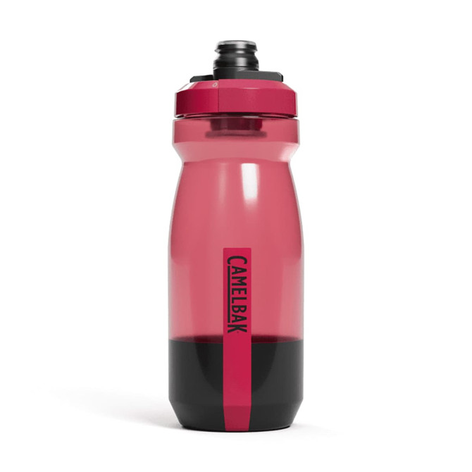 A drink bottle in pink and black with a lid and a logo, featuring a tapered design.