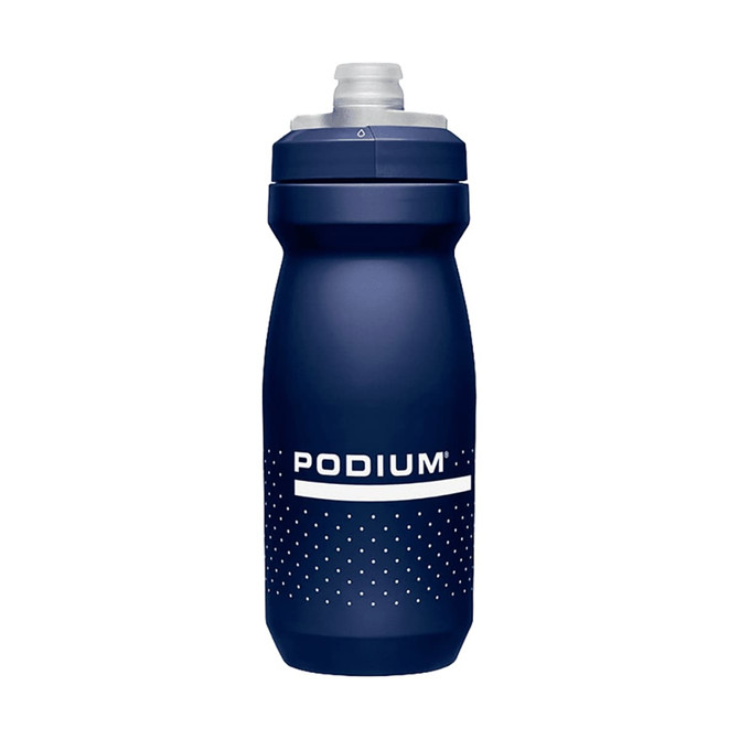 A drink bottle in navy blue with a simple design, featuring a logo and a dotted pattern.