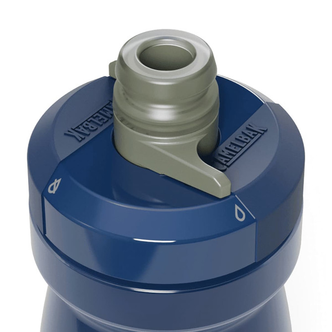 A drink bottle in navy blue with a grey cap and spout, featuring a logo on the lid.