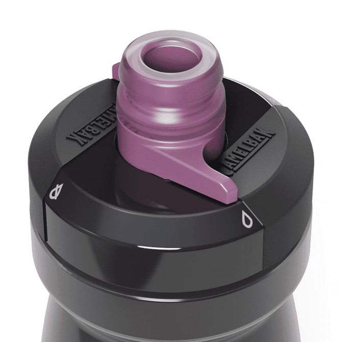 A drink bottle in black and purple, featuring a twist top and a logo.