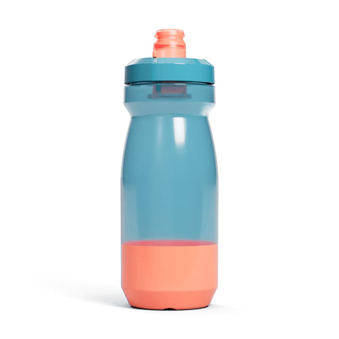 A drink bottle featuring a transparent blue body with a coral base and a screw-on lid. It has a logo on it.