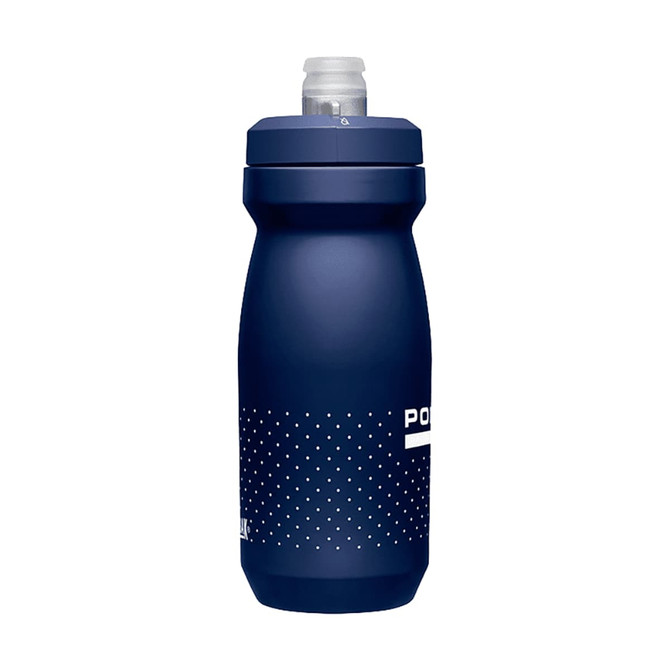 A drink bottle in navy blue with a textured design and a spout, featuring a logo on the side.