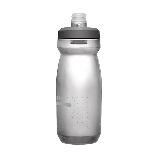 A drink bottle in clear plastic with a grey cap and nozzle, featuring a dotted design and a branding logo.