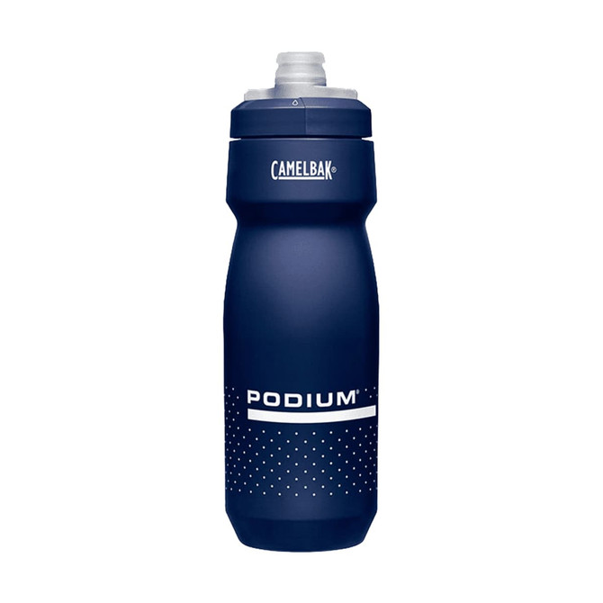 A drink bottle in navy blue with a textured grip, featuring a logo and white accents.