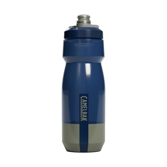 A drink bottle in navy blue and grey, featuring a logo and a squeeze design for easy access.