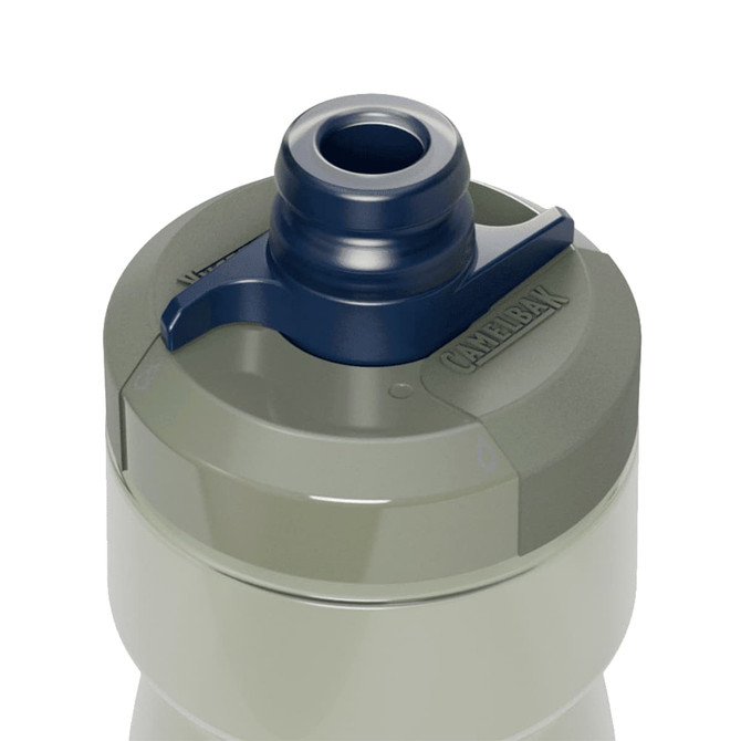 A drink bottle in grey and off-white with a blue spout, featuring a logo on the side.