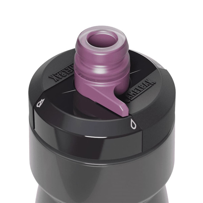 A drink bottle in dark grey with a purple cap and a spout, featuring a logo on the top.