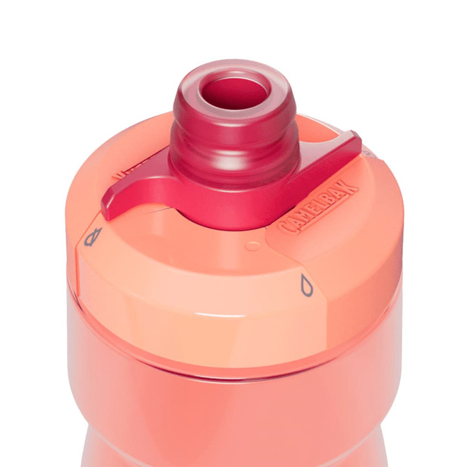 A drink bottle in shades of pink and coral, featuring a push-pull nozzle and a logo.