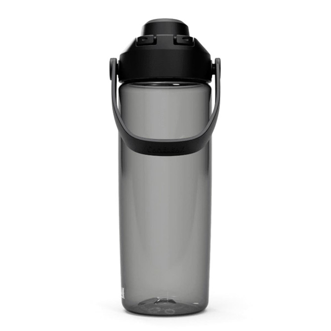A drink bottle with a grey translucent body and a black lid, featuring a carry handle and a logo.