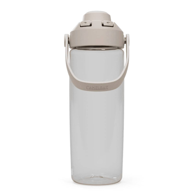 A drink bottle in clear plastic with a beige lid and handle, featuring a logo on the side.