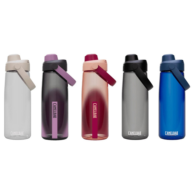 A drink bottle collection featuring five CamelBak Thrive Chug bottles in various colours including purple, pink, grey, burgundy, and blue.